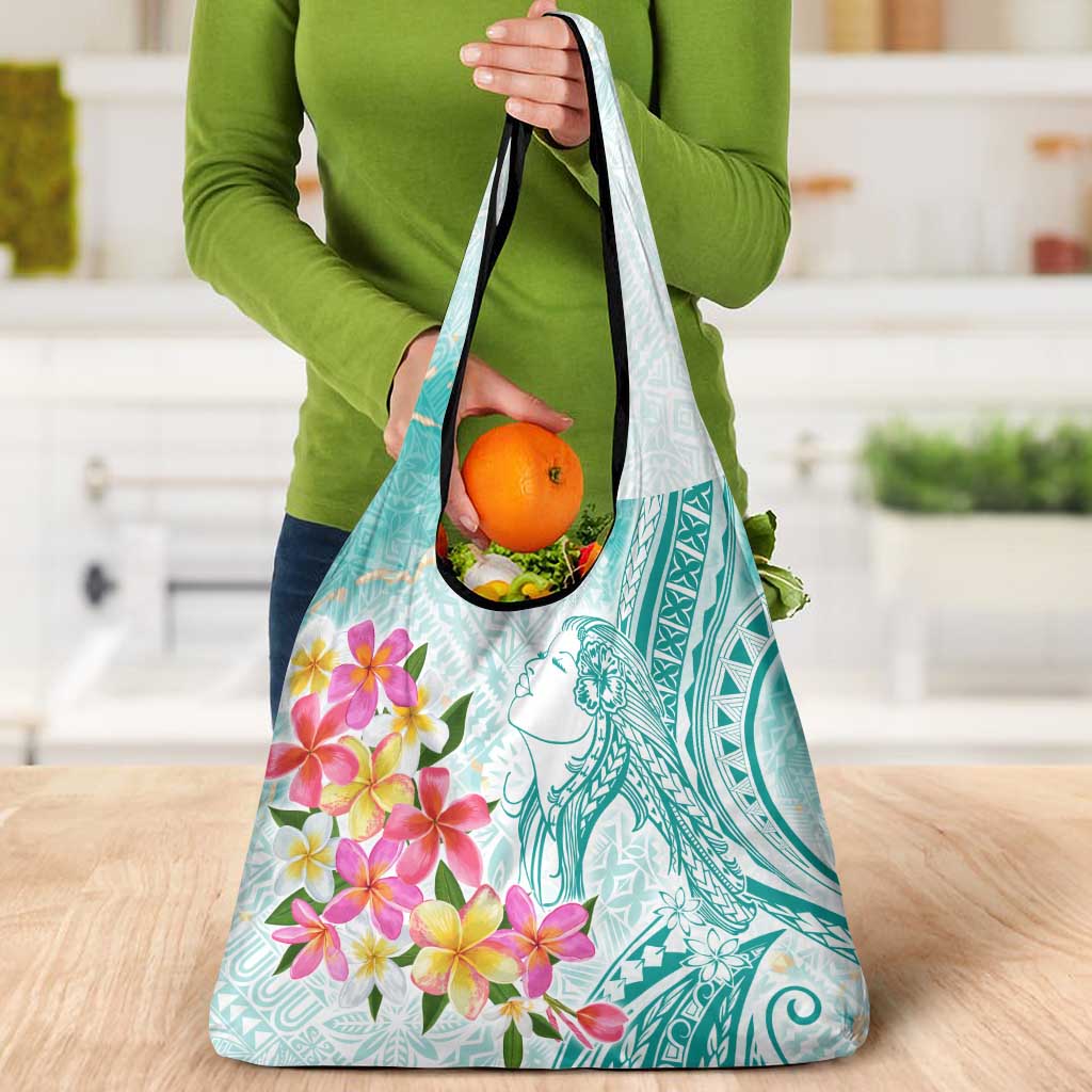Polynesian Women's Day Wahine Grocery Bag Plumeria Marble Glaze - Teal LT7 - Polynesian Pride
