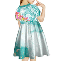 Polynesian Women's Day Wahine Kid Short Sleeve Dress Plumeria Marble Glaze - Teal LT7 - Polynesian Pride