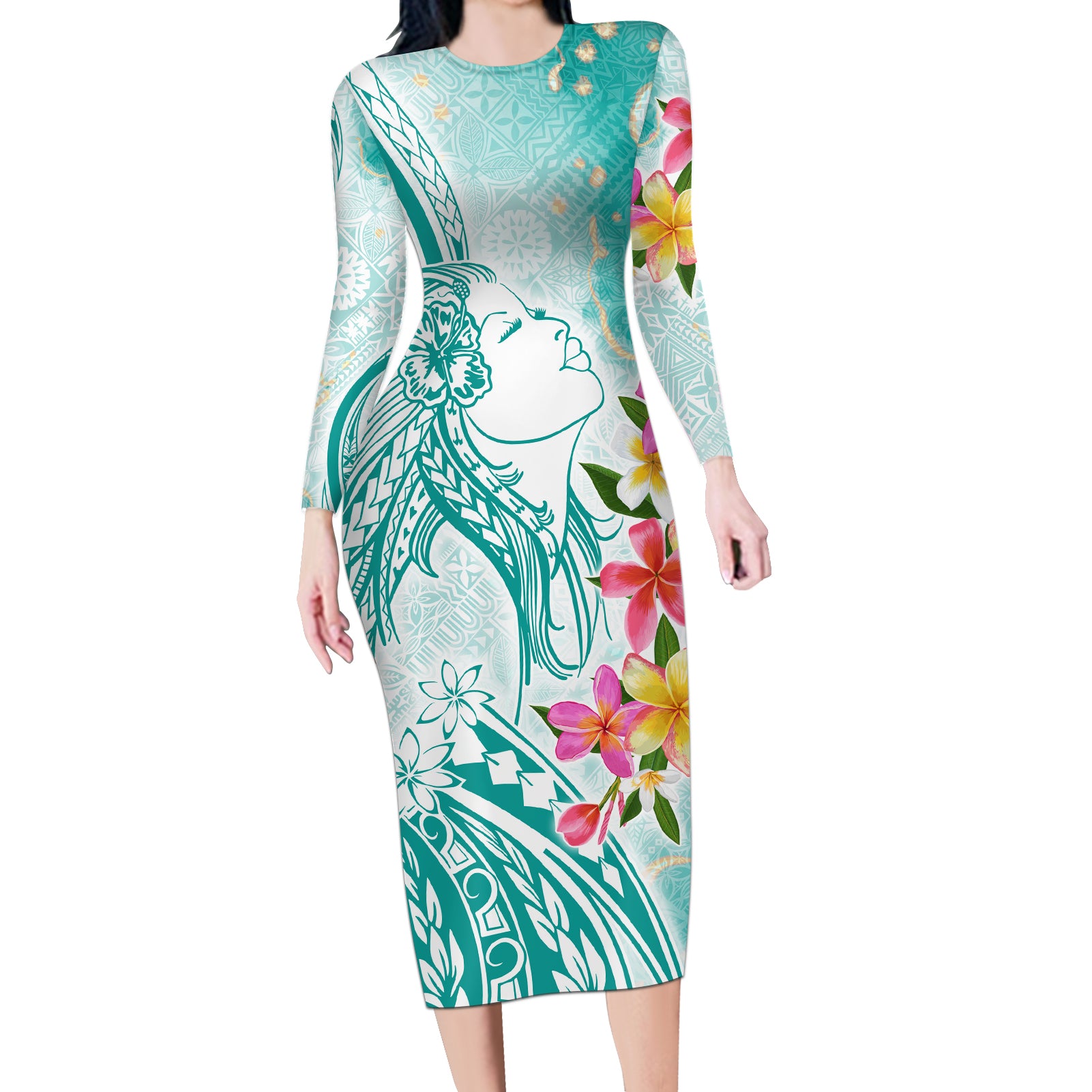 Polynesian Women's Day Wahine Long Sleeve Bodycon Dress Plumeria Marble Glaze - Teal LT7 Long Dress Teal - Polynesian Pride