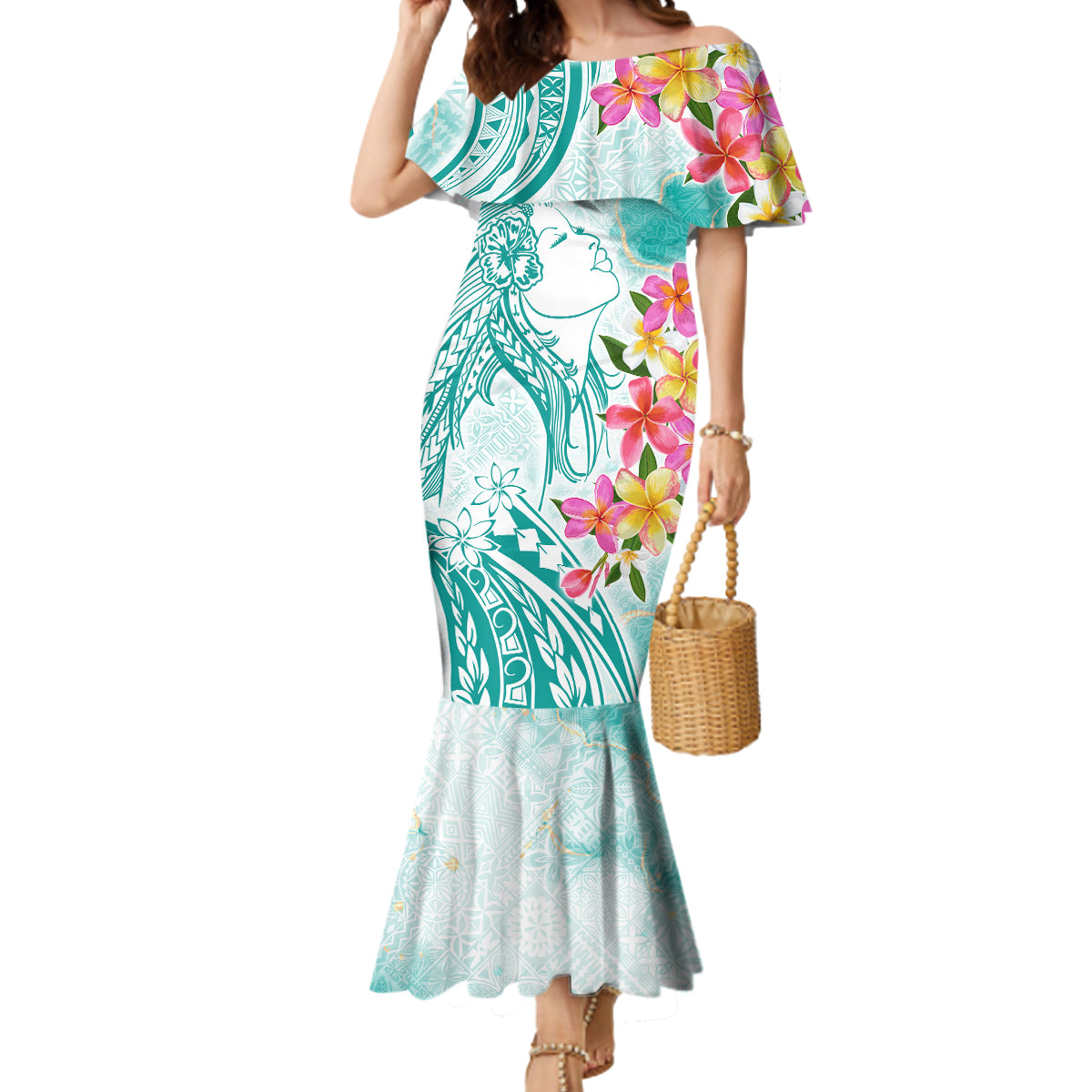 Polynesian Women's Day Wahine Mermaid Dress Plumeria Marble Glaze - Teal LT7 Women Teal - Polynesian Pride