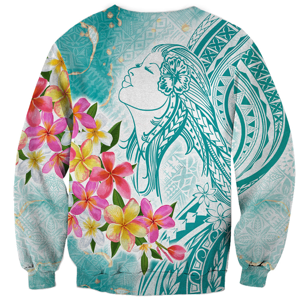 Polynesian Women's Day Wahine Sweatshirt Plumeria Marble Glaze - Teal LT7 - Polynesian Pride