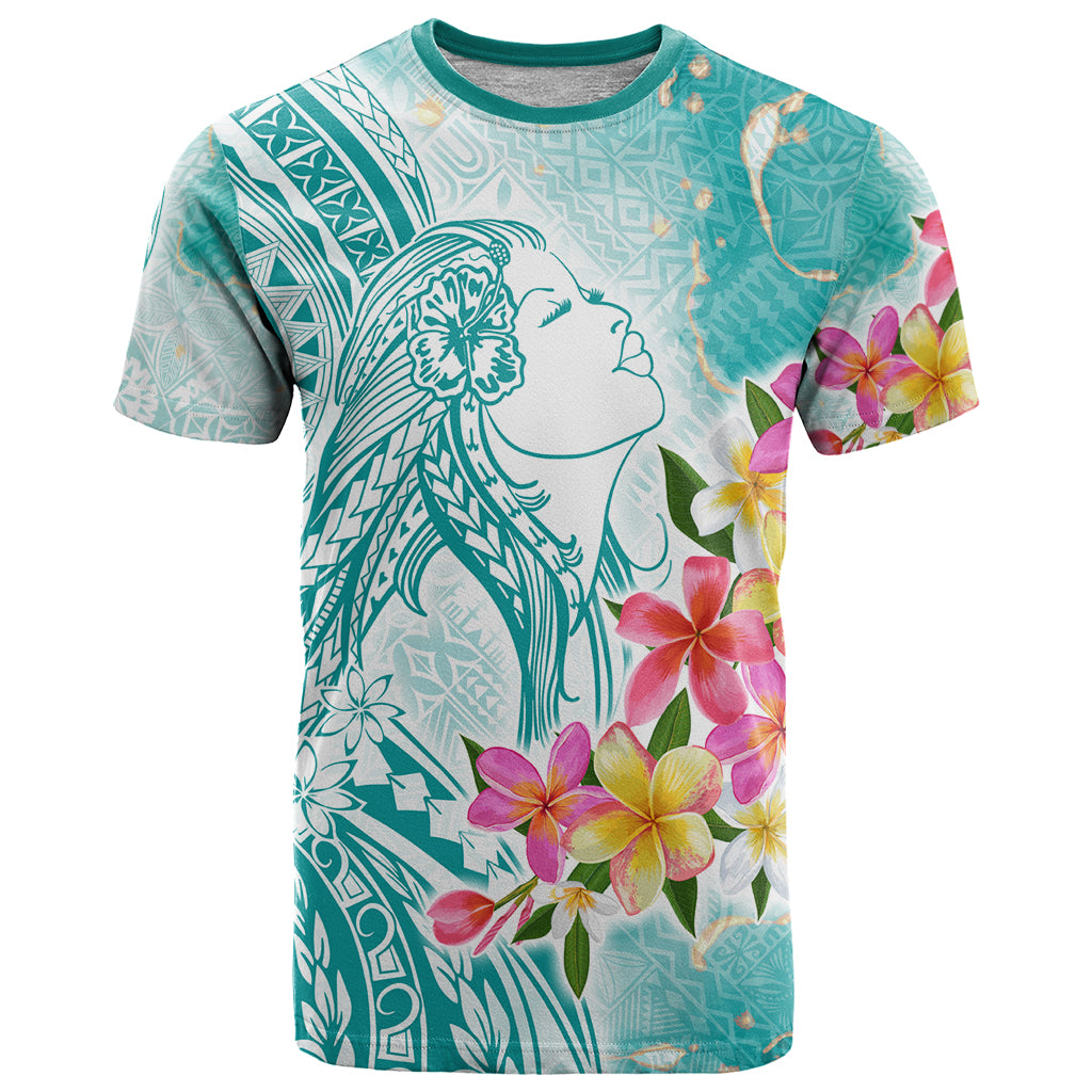 Polynesian Women's Day Wahine T Shirt Plumeria Marble Glaze - Teal LT7 Teal - Polynesian Pride