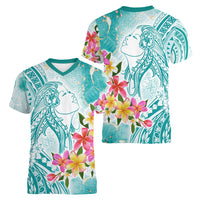 Polynesian Women's Day Wahine Women V Neck T Shirt Plumeria Marble Glaze - Teal LT7 - Polynesian Pride