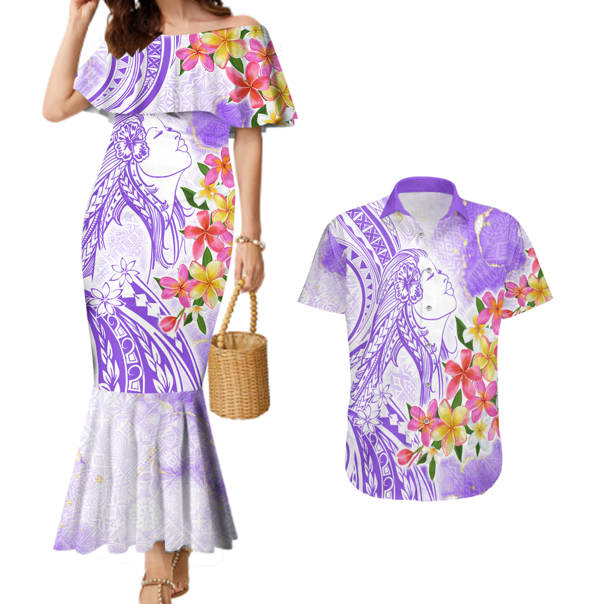 Polynesian Women's Day Wahine Couples Matching Mermaid Dress and Hawaiian Shirt Plumeria Marble Glaze - Purple LT7 Purple - Polynesian Pride