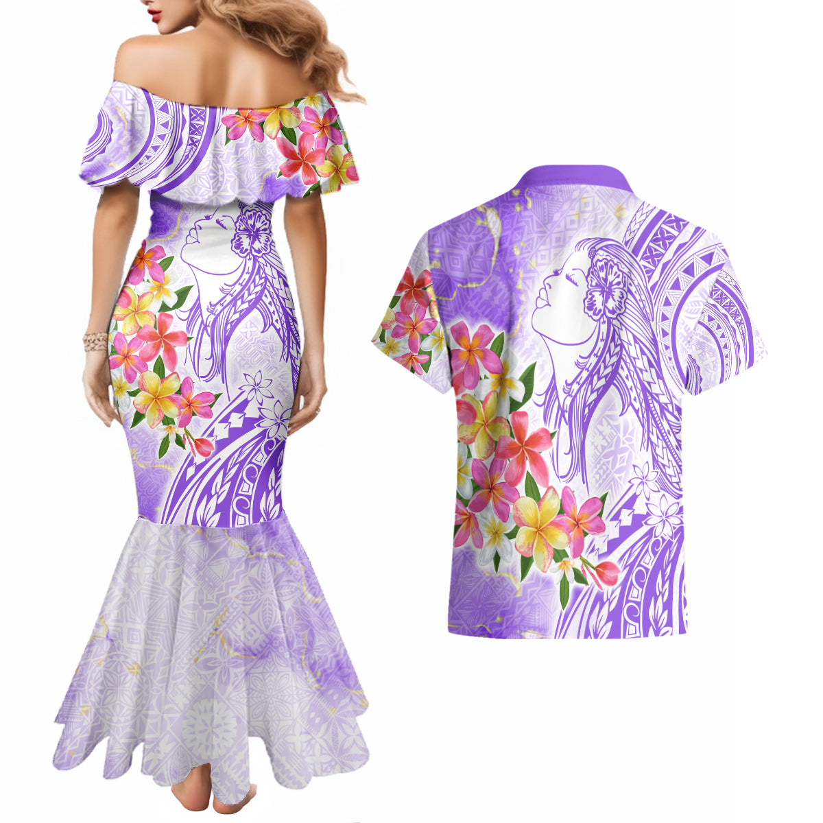 Polynesian Women's Day Wahine Couples Matching Mermaid Dress and Hawaiian Shirt Plumeria Marble Glaze - Purple LT7 - Polynesian Pride