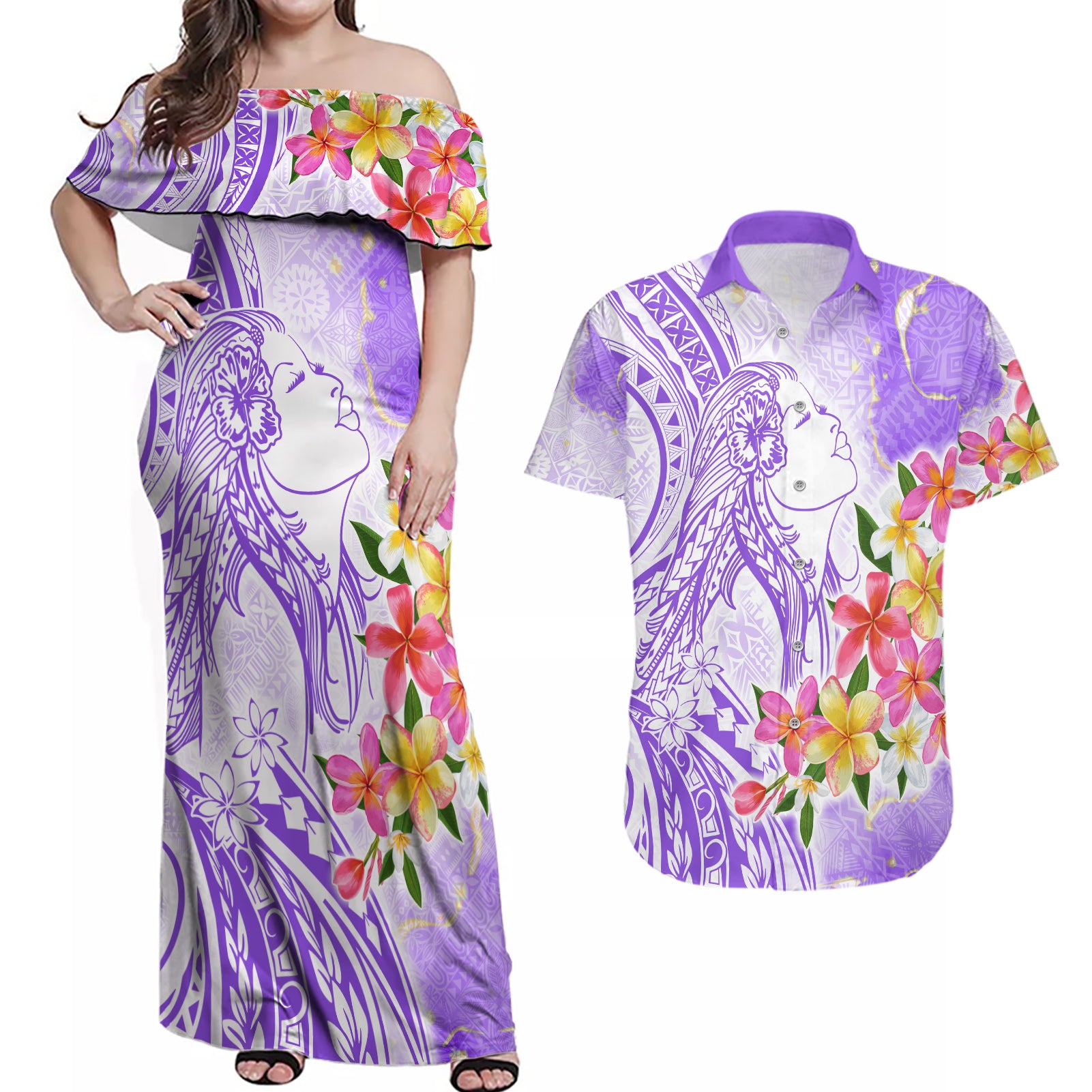 Polynesian Women's Day Wahine Couples Matching Off Shoulder Maxi Dress and Hawaiian Shirt Plumeria Marble Glaze - Purple LT7 Purple - Polynesian Pride