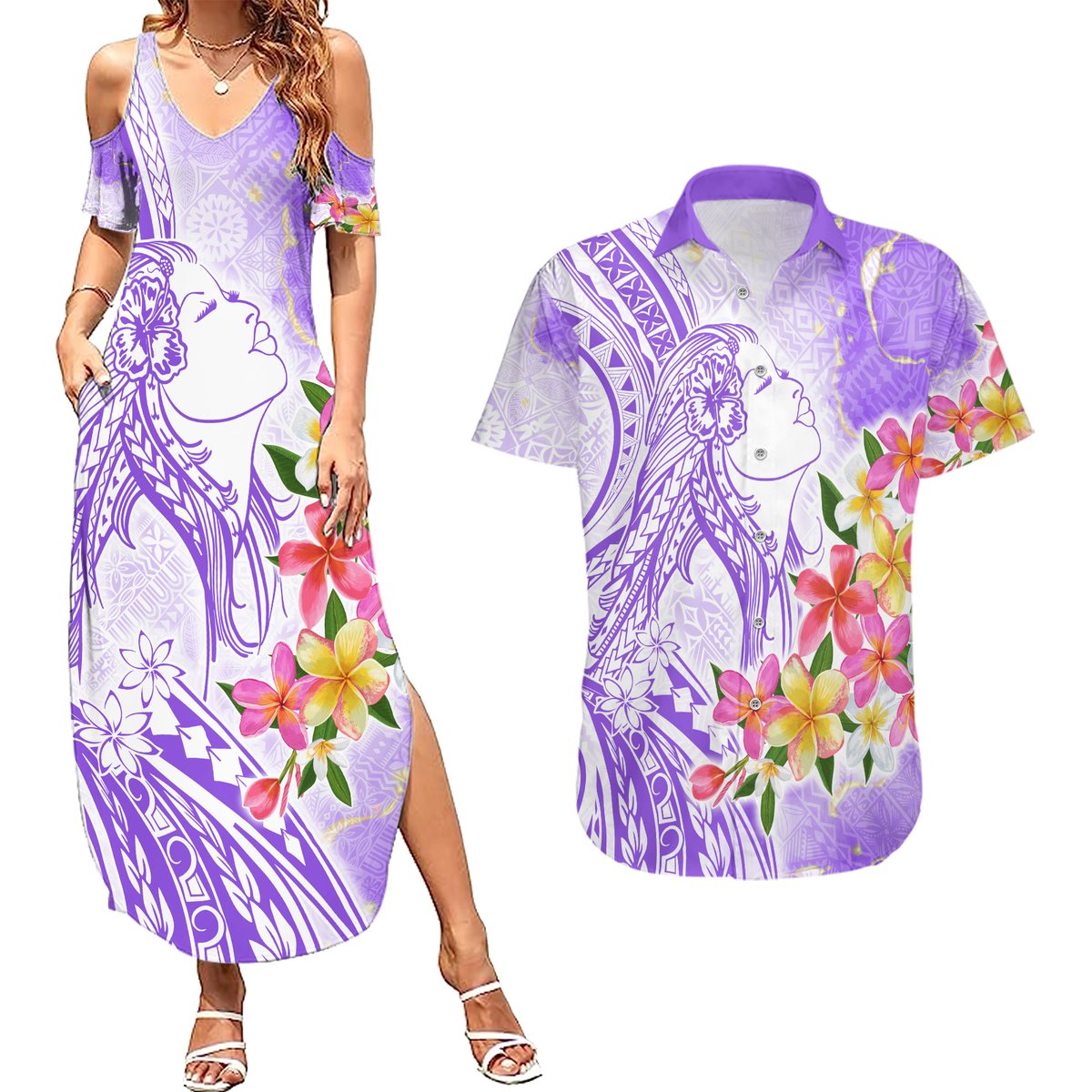 Polynesian Women's Day Wahine Couples Matching Summer Maxi Dress and Hawaiian Shirt Plumeria Marble Glaze - Purple LT7 Purple - Polynesian Pride