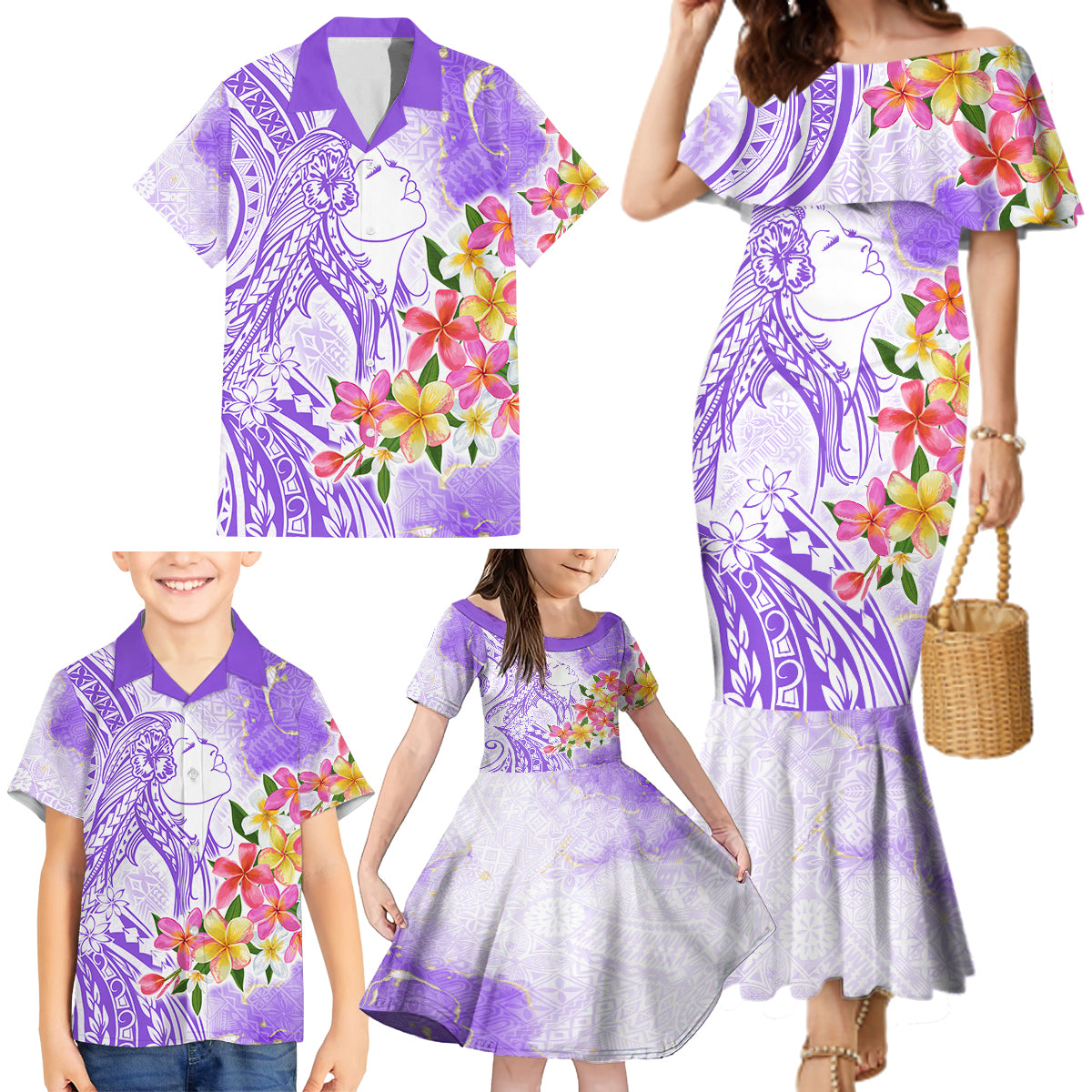 Polynesian Women's Day Wahine Family Matching Mermaid Dress and Hawaiian Shirt Plumeria Marble Glaze - Purple LT7 - Polynesian Pride