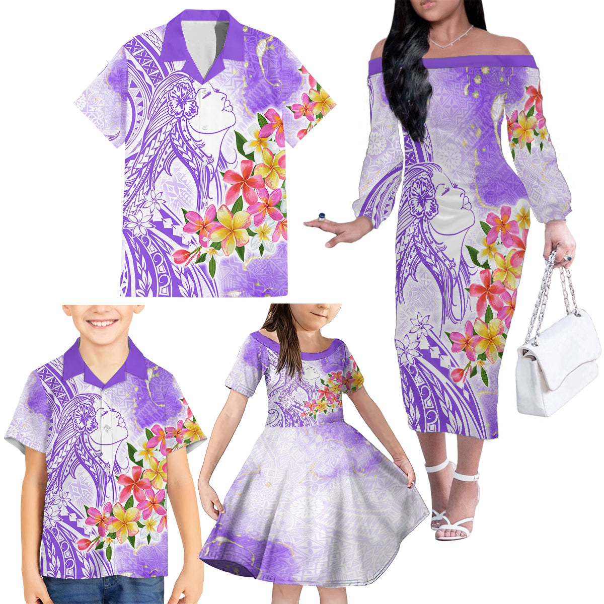 Polynesian Women's Day Wahine Family Matching Off Shoulder Long Sleeve Dress and Hawaiian Shirt Plumeria Marble Glaze - Purple LT7 - Polynesian Pride