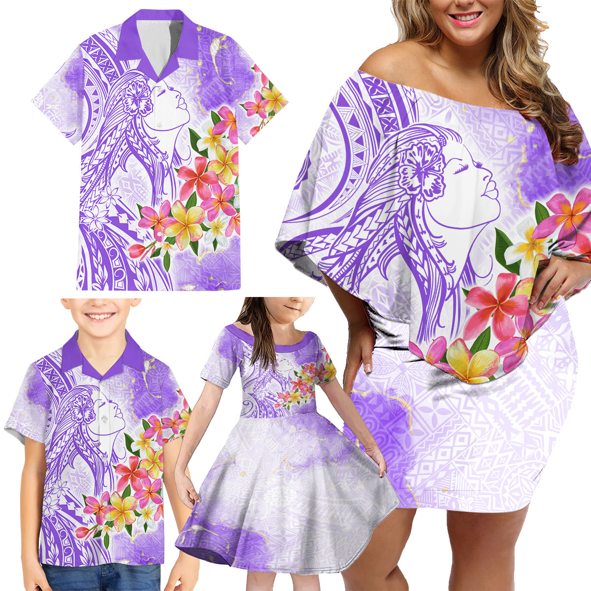 Polynesian Women's Day Wahine Family Matching Off Shoulder Short Dress and Hawaiian Shirt Plumeria Marble Glaze - Purple LT7 - Polynesian Pride