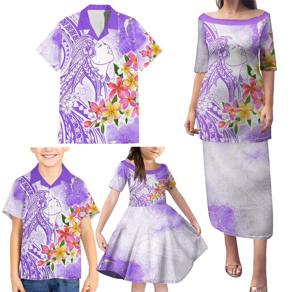 Polynesian Women's Day Wahine Family Matching Puletasi and Hawaiian Shirt Plumeria Marble Glaze - Purple LT7 - Polynesian Pride