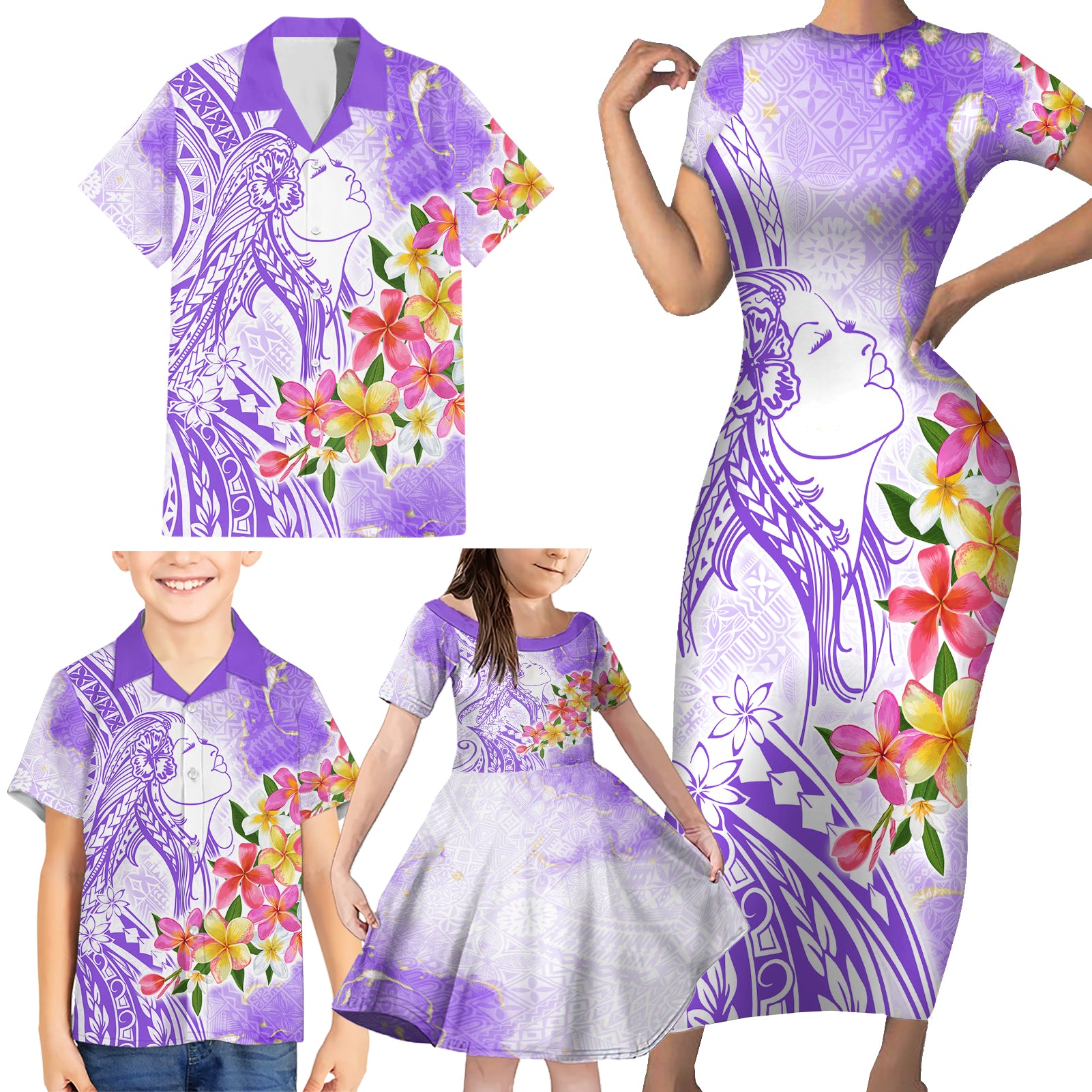 Polynesian Women's Day Wahine Family Matching Short Sleeve Bodycon Dress and Hawaiian Shirt Plumeria Marble Glaze - Purple LT7 - Polynesian Pride