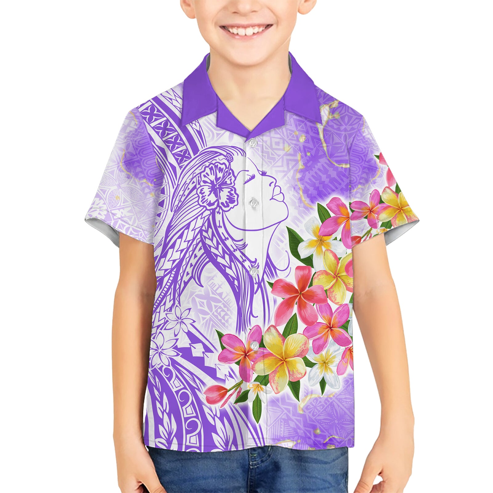Polynesian Women's Day Wahine Kid Hawaiian Shirt Plumeria Marble Glaze - Purple LT7 Kid Purple - Polynesian Pride