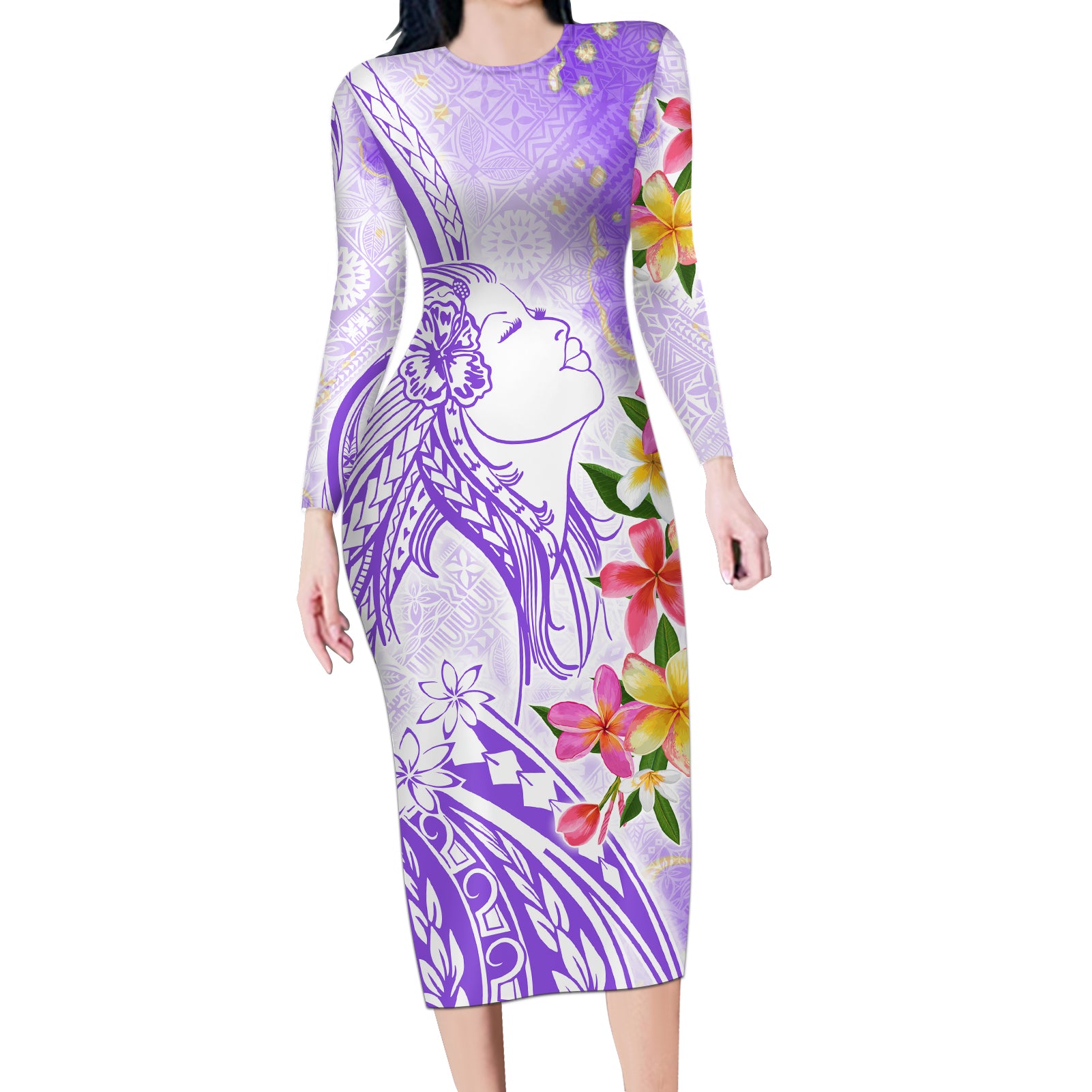 Polynesian Women's Day Wahine Long Sleeve Bodycon Dress Plumeria Marble Glaze - Purple LT7 Long Dress Purple - Polynesian Pride