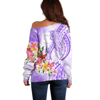 Polynesian Women's Day Wahine Off Shoulder Sweater Plumeria Marble Glaze - Purple LT7 - Polynesian Pride