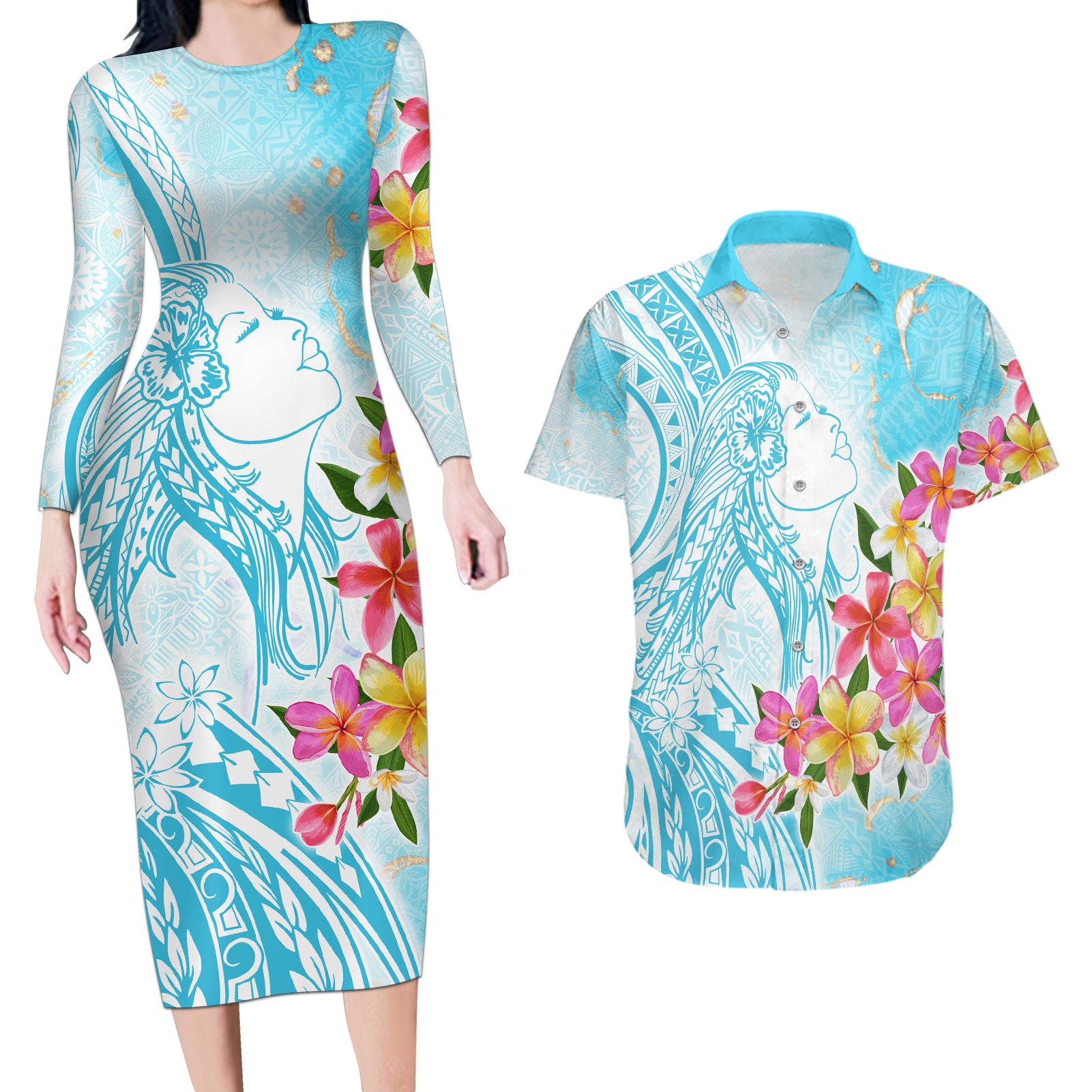 Polynesian Women's Day Wahine Couples Matching Long Sleeve Bodycon Dress and Hawaiian Shirt Plumeria Marble Glaze - Turquoise LT7 Turquoise - Polynesian Pride