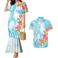 Polynesian Women's Day Wahine Couples Matching Mermaid Dress and Hawaiian Shirt Plumeria Marble Glaze - Turquoise LT7 Turquoise - Polynesian Pride