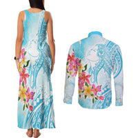 Polynesian Women's Day Wahine Couples Matching Tank Maxi Dress and Long Sleeve Button Shirt Plumeria Marble Glaze - Turquoise LT7 - Polynesian Pride