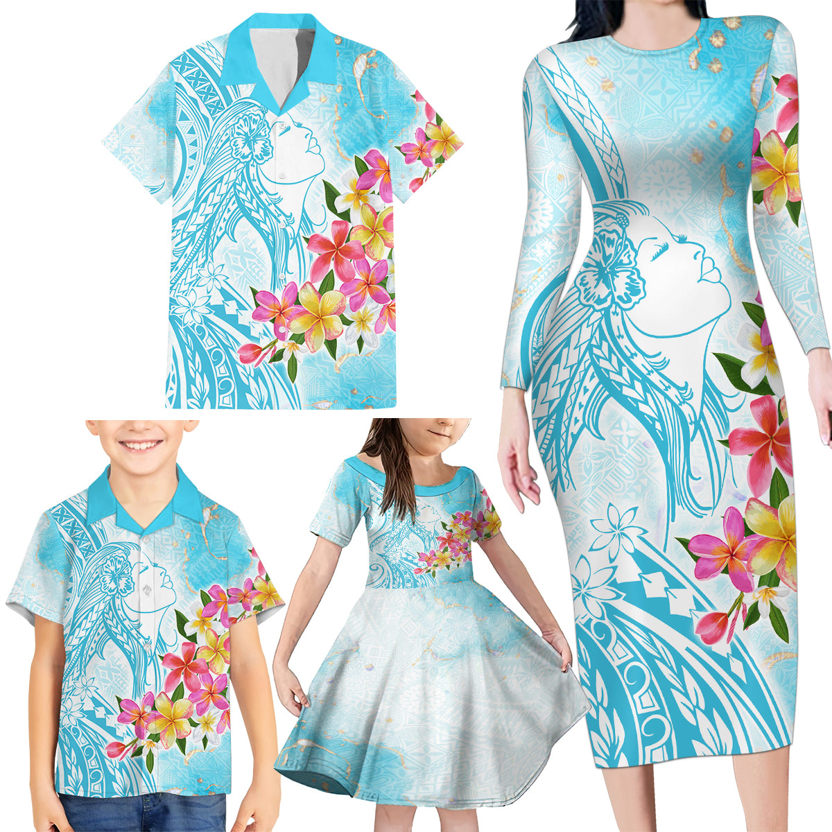 Polynesian Women's Day Wahine Family Matching Long Sleeve Bodycon Dress and Hawaiian Shirt Plumeria Marble Glaze - Turquoise LT7 - Polynesian Pride