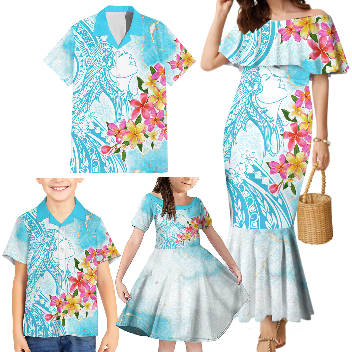 Polynesian Women's Day Wahine Family Matching Mermaid Dress and Hawaiian Shirt Plumeria Marble Glaze - Turquoise LT7 - Polynesian Pride