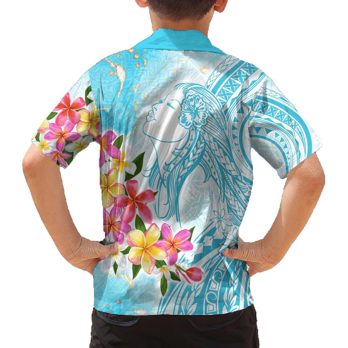 Polynesian Women's Day Wahine Family Matching Off Shoulder Long Sleeve Dress and Hawaiian Shirt Plumeria Marble Glaze - Turquoise LT7 - Polynesian Pride
