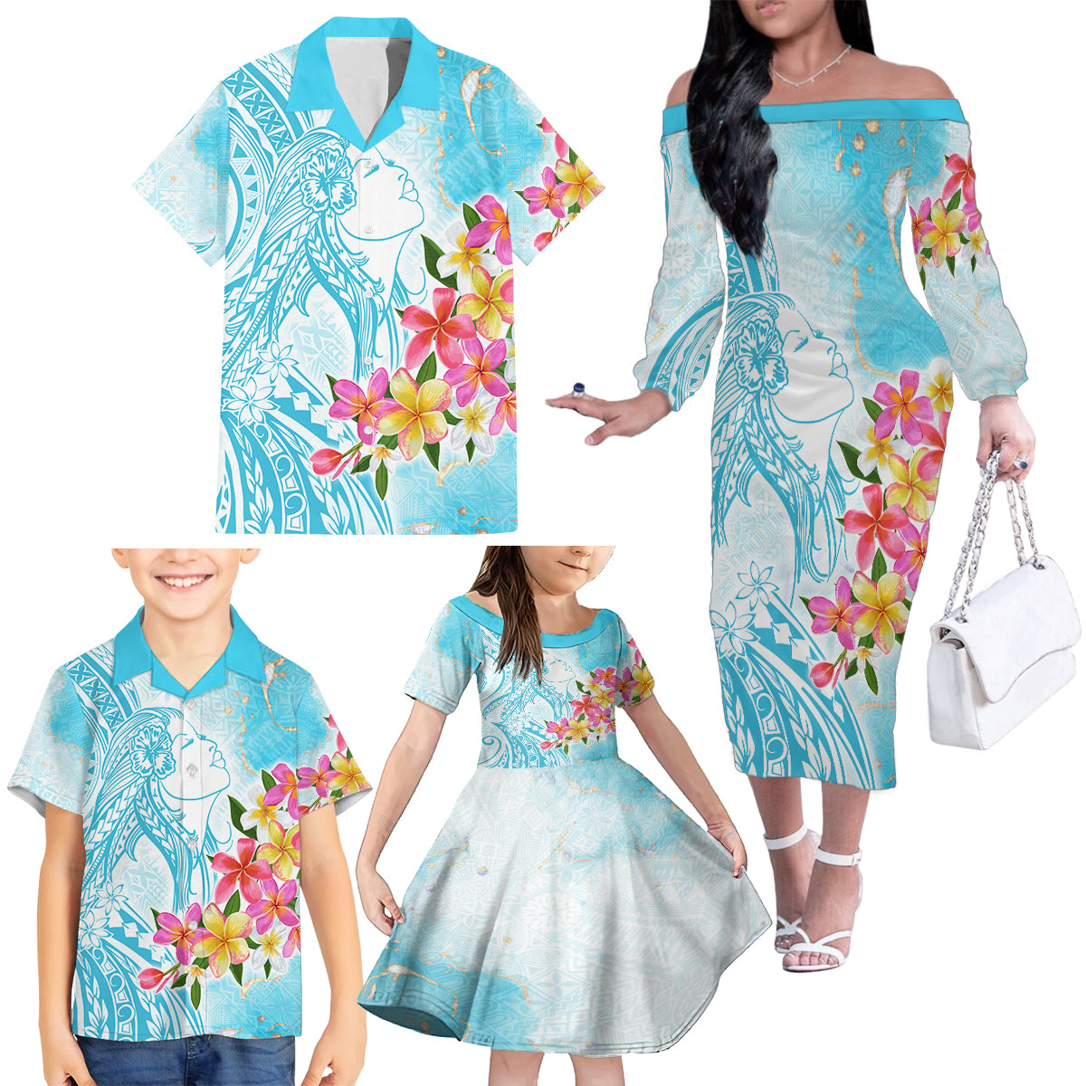 Polynesian Women's Day Wahine Family Matching Off Shoulder Long Sleeve Dress and Hawaiian Shirt Plumeria Marble Glaze - Turquoise LT7 - Polynesian Pride