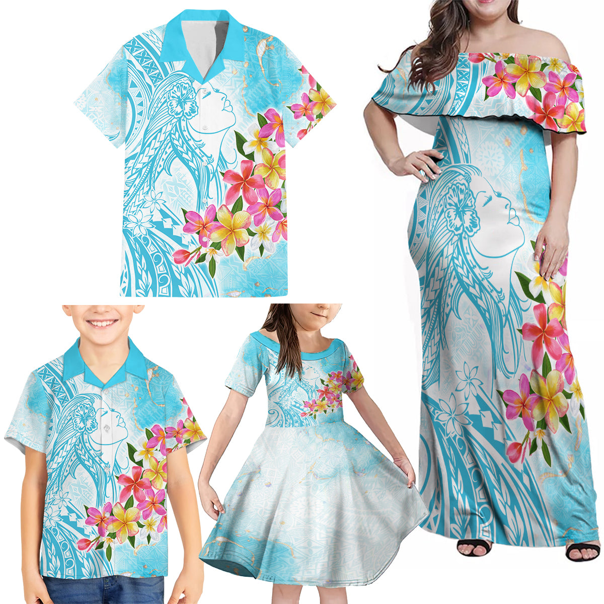 Polynesian Women's Day Wahine Family Matching Off Shoulder Maxi Dress and Hawaiian Shirt Plumeria Marble Glaze - Turquoise LT7 - Polynesian Pride