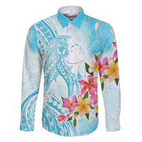 Polynesian Women's Day Wahine Family Matching Off Shoulder Maxi Dress and Hawaiian Shirt Plumeria Marble Glaze - Turquoise LT7 Dad's Shirt - Long Sleeve Turquoise - Polynesian Pride