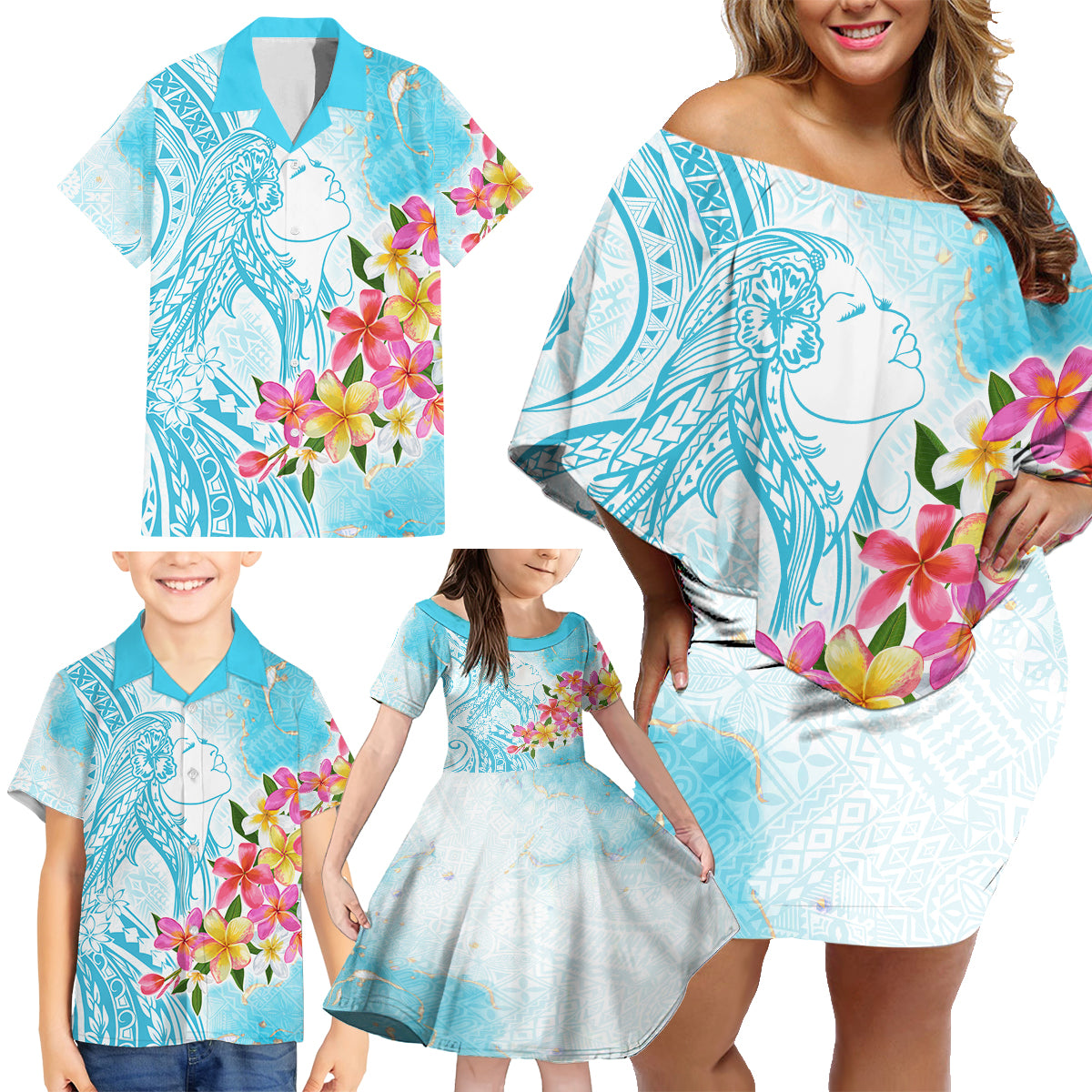 Polynesian Women's Day Wahine Family Matching Off Shoulder Short Dress and Hawaiian Shirt Plumeria Marble Glaze - Turquoise LT7 - Polynesian Pride