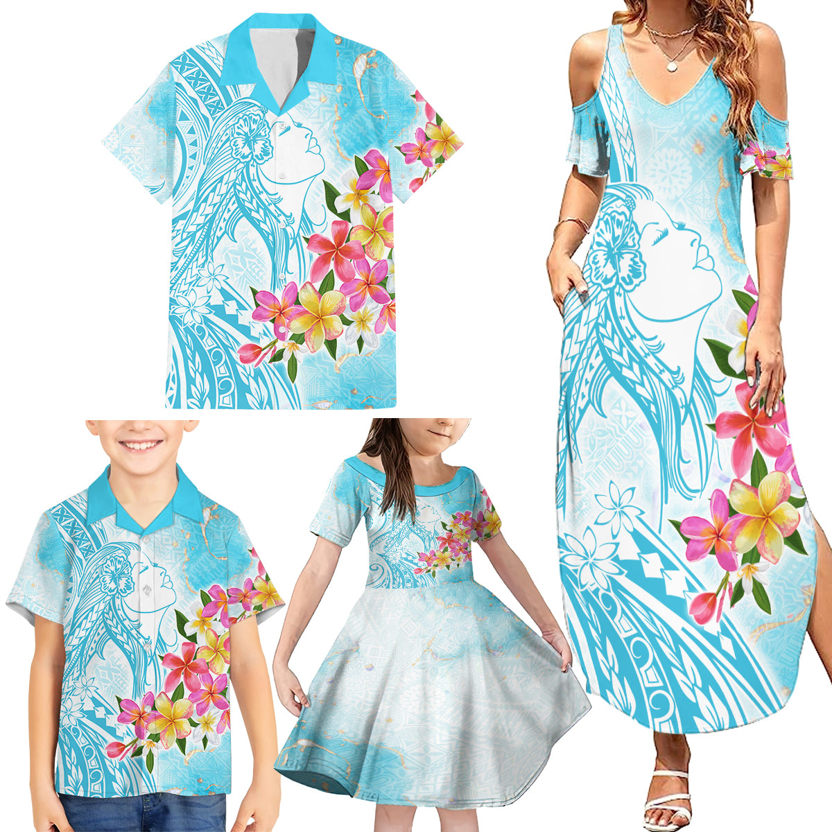 Polynesian Women's Day Wahine Family Matching Summer Maxi Dress and Hawaiian Shirt Plumeria Marble Glaze - Turquoise LT7 - Polynesian Pride