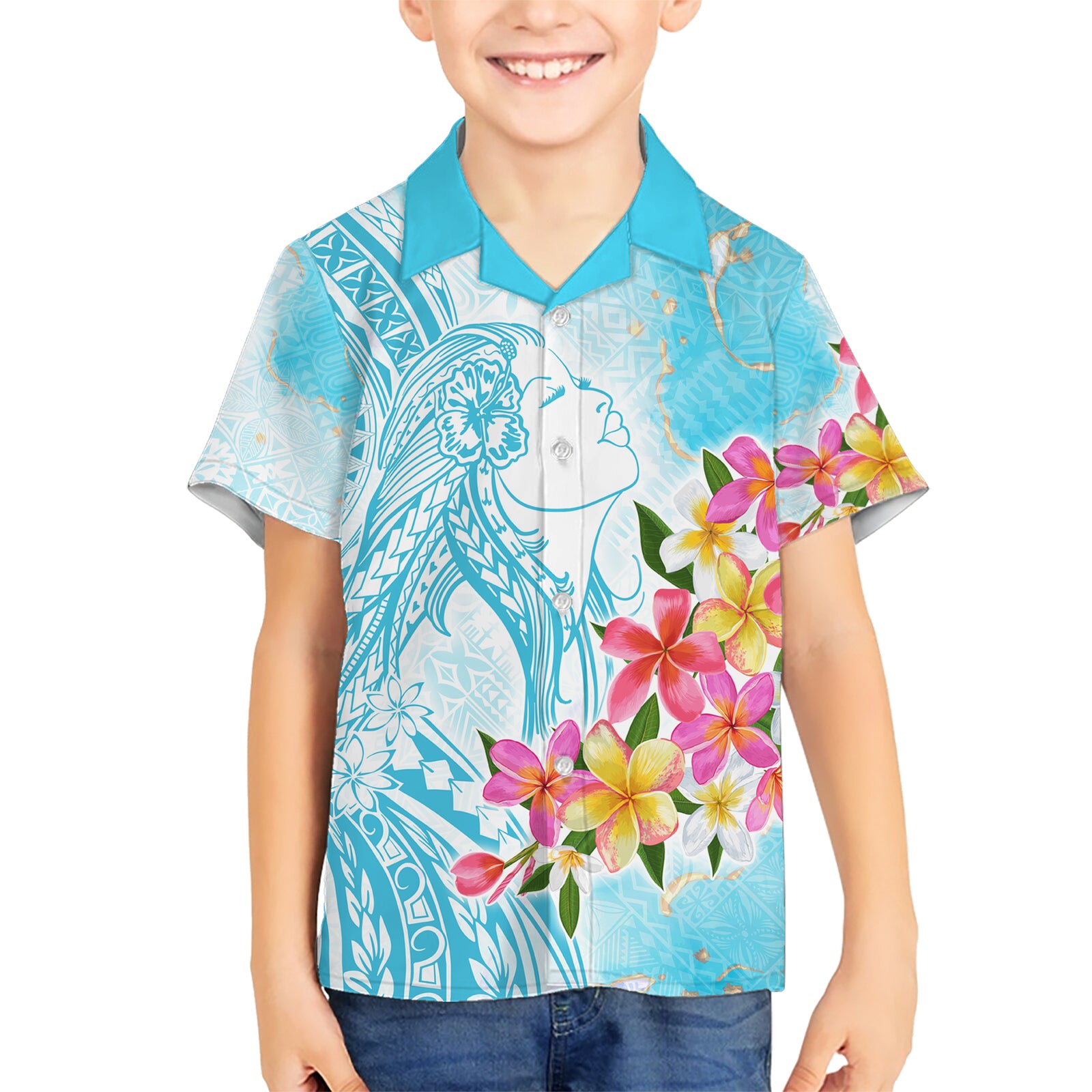 Polynesian Women's Day Wahine Kid Hawaiian Shirt Plumeria Marble Glaze - Turquoise LT7 Kid Turquoise - Polynesian Pride