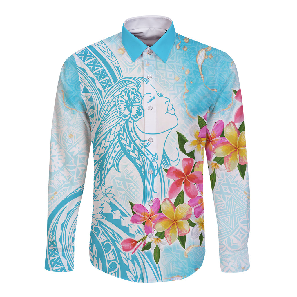 Polynesian Women's Day Wahine Long Sleeve Button Shirt Plumeria Marble Glaze - Turquoise LT7 Unisex Turquoise - Polynesian Pride
