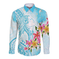 Polynesian Women's Day Wahine Long Sleeve Button Shirt Plumeria Marble Glaze - Turquoise LT7 Unisex Turquoise - Polynesian Pride