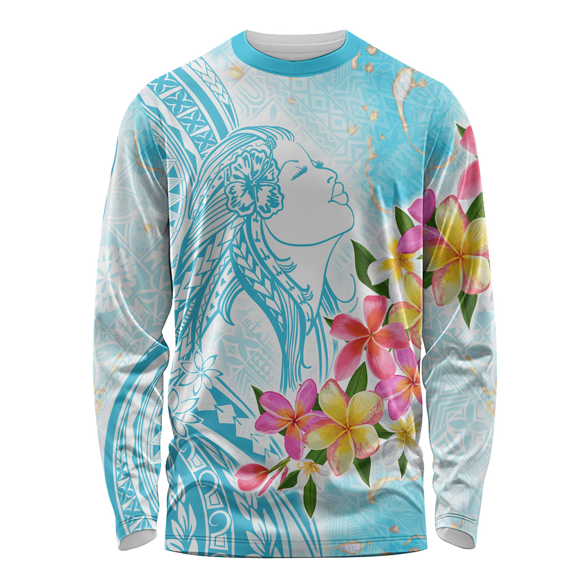 Polynesian Women's Day Wahine Long Sleeve Shirt Plumeria Marble Glaze - Turquoise LT7 Unisex Turquoise - Polynesian Pride