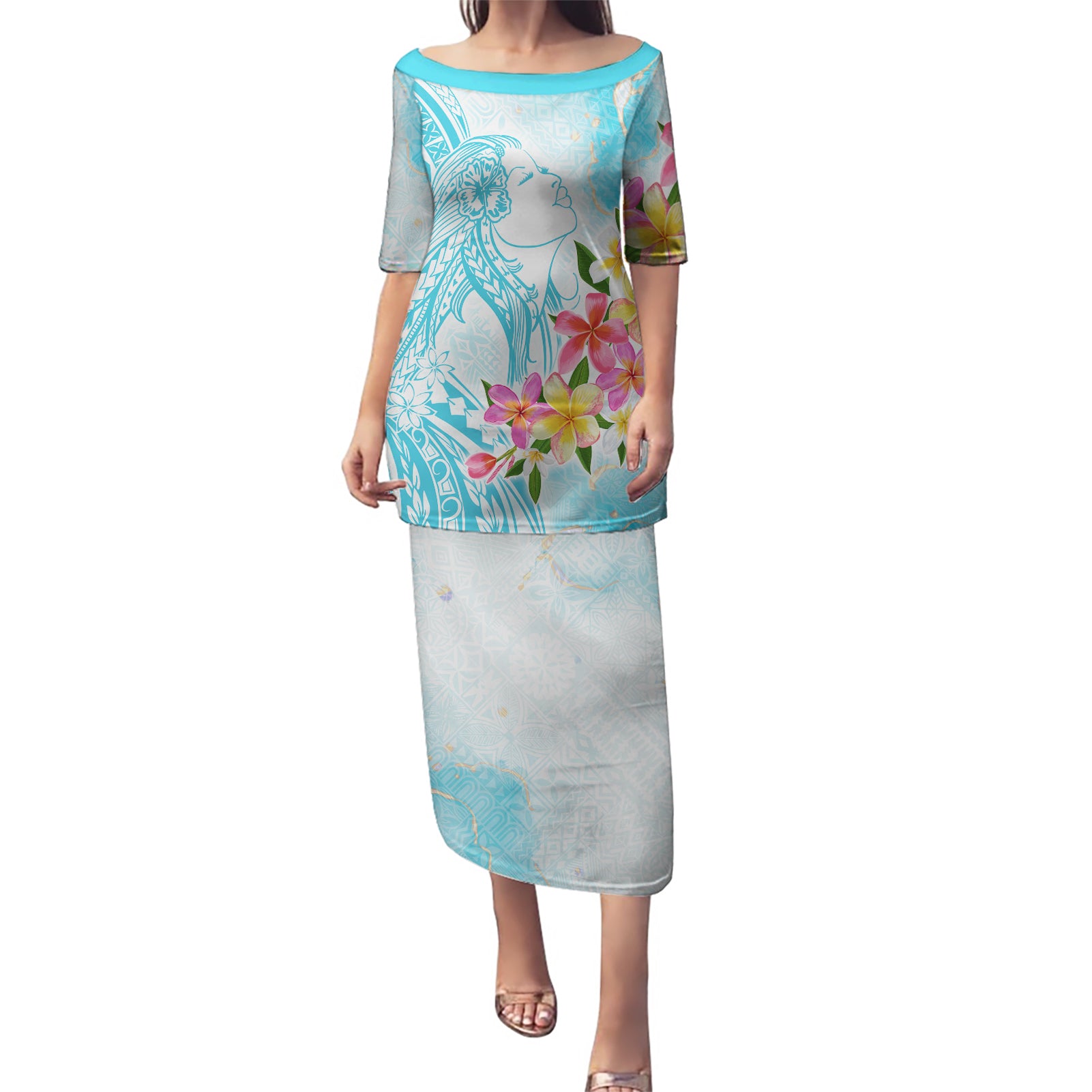 Polynesian Women's Day Wahine Puletasi Plumeria Marble Glaze - Turquoise LT7 Long Dress Turquoise - Polynesian Pride