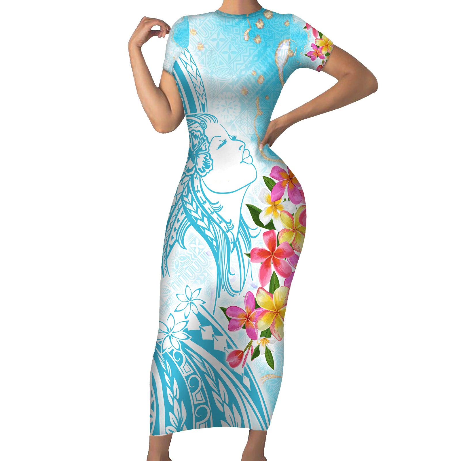Polynesian Women's Day Wahine Short Sleeve Bodycon Dress Plumeria Marble Glaze - Turquoise LT7 Long Dress Turquoise - Polynesian Pride