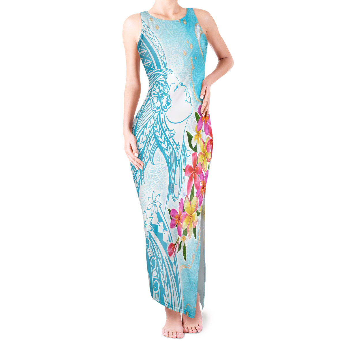 Polynesian Women's Day Wahine Tank Maxi Dress Plumeria Marble Glaze - Turquoise LT7 Women Turquoise - Polynesian Pride