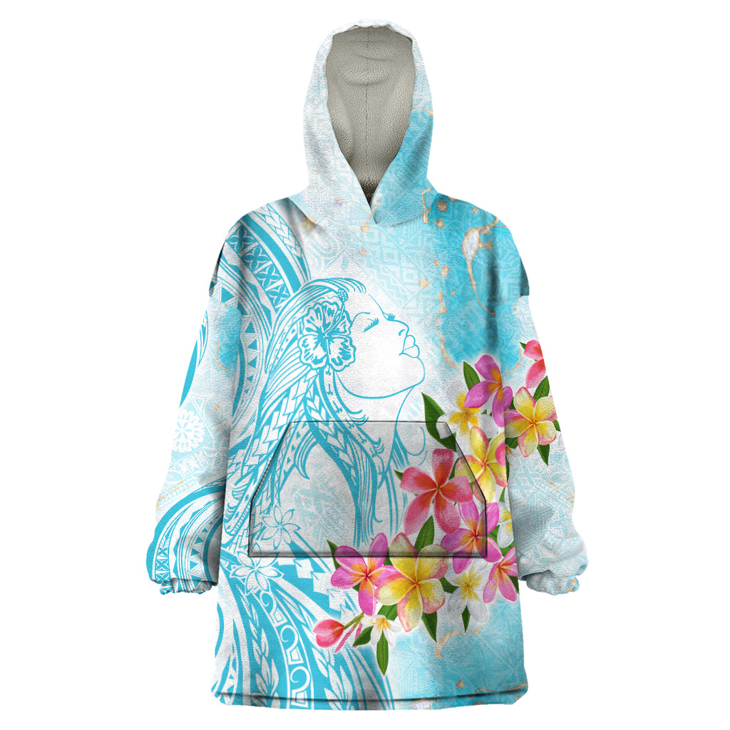 Polynesian Women's Day Wahine Wearable Blanket Hoodie Plumeria Marble Glaze - Turquoise LT7 One Size Turquoise - Polynesian Pride