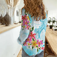 Polynesian Women's Day Wahine Women Casual Shirt Plumeria Marble Glaze - Turquoise LT7 - Polynesian Pride