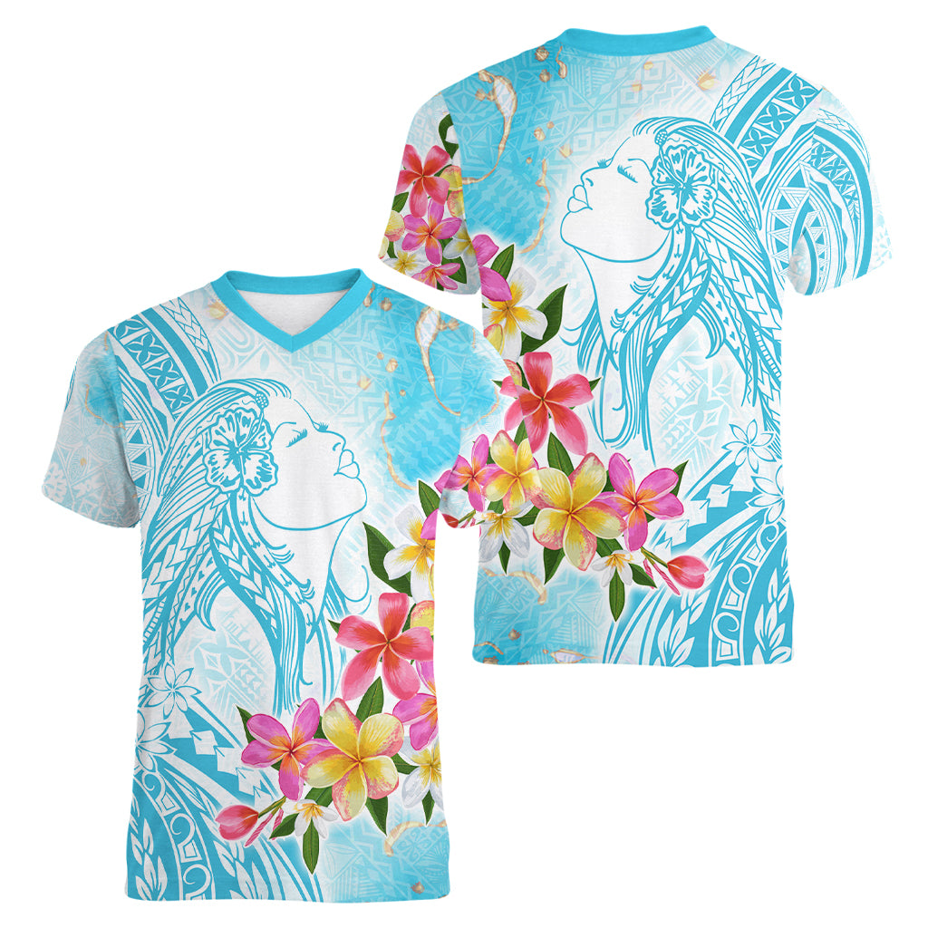 Polynesian Women's Day Wahine Women V Neck T Shirt Plumeria Marble Glaze - Turquoise LT7 - Polynesian Pride