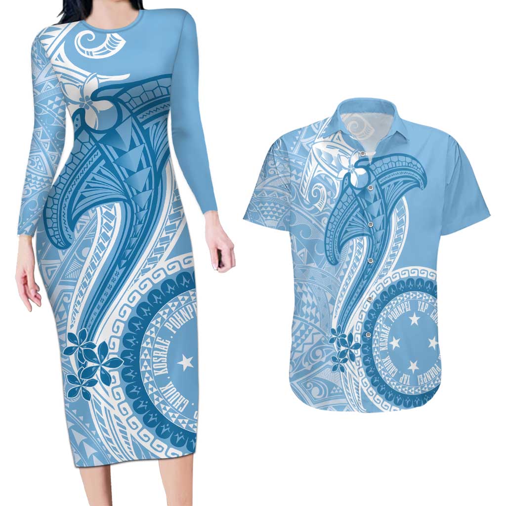 Micronesia FSM Couples Matching Long Sleeve Bodycon Dress and Hawaiian Shirt Shark and Manta Classic Style