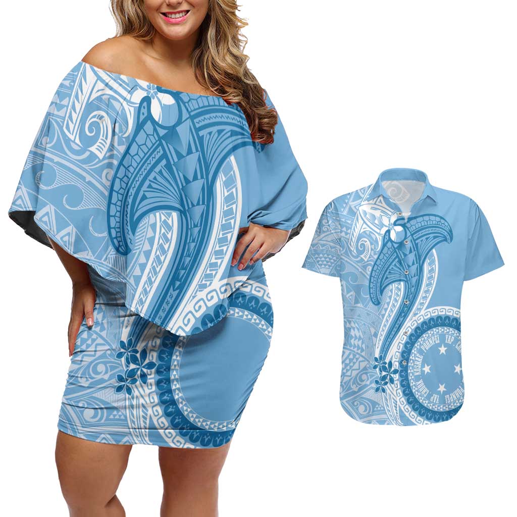 Micronesia FSM Couples Matching Off Shoulder Short Dress and Hawaiian Shirt Shark and Manta Classic Style