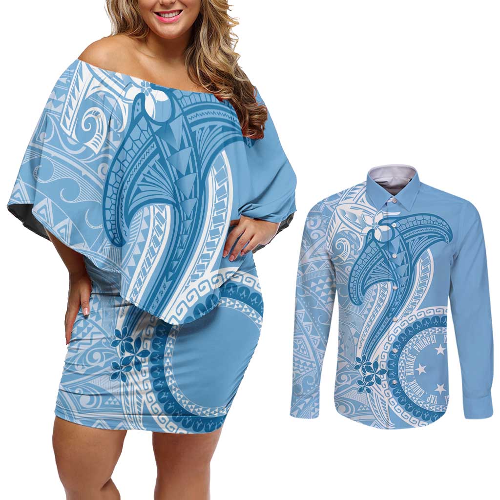 Micronesia FSM Couples Matching Off Shoulder Short Dress and Long Sleeve Button Shirt Shark and Manta Classic Style