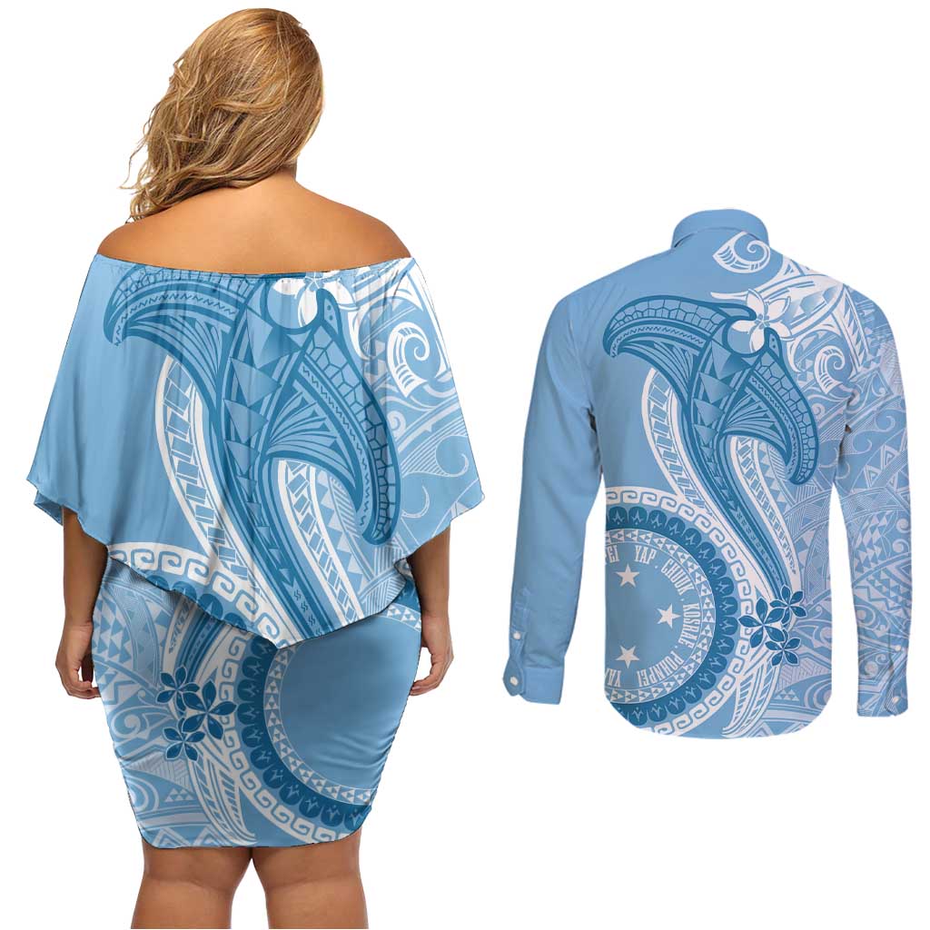 Micronesia FSM Couples Matching Off Shoulder Short Dress and Long Sleeve Button Shirt Shark and Manta Classic Style