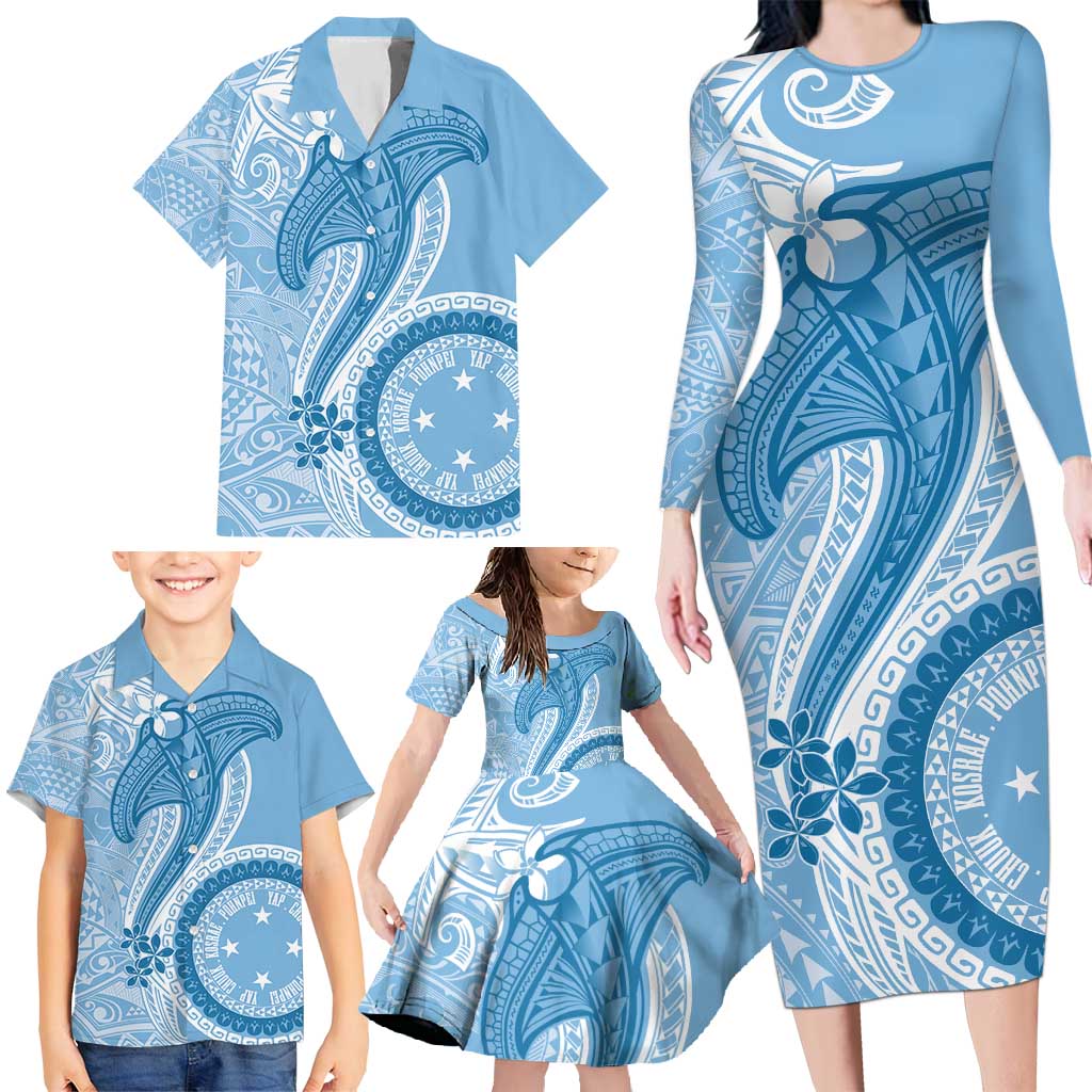 Micronesia FSM Family Matching Long Sleeve Bodycon Dress and Hawaiian Shirt Shark and Manta Classic Style