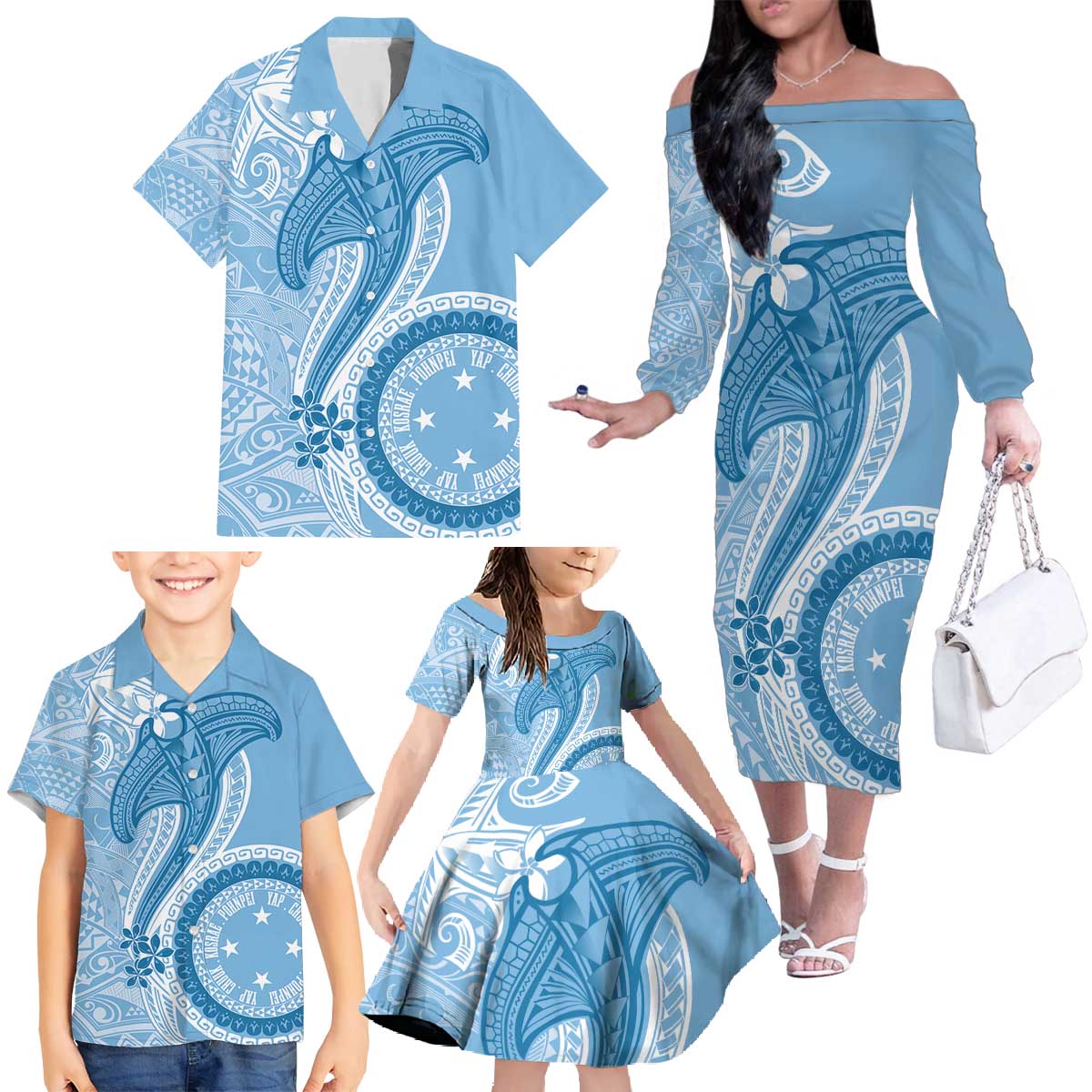 Micronesia FSM Family Matching Off The Shoulder Long Sleeve Dress and Hawaiian Shirt Shark and Manta Classic Style