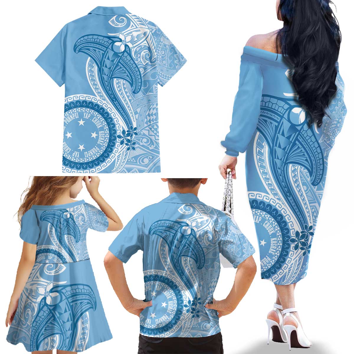 Micronesia FSM Family Matching Off The Shoulder Long Sleeve Dress and Hawaiian Shirt Shark and Manta Classic Style