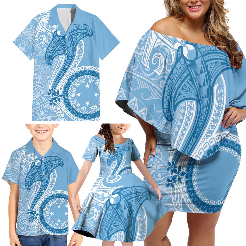 Micronesia FSM Family Matching Off Shoulder Short Dress and Hawaiian Shirt Shark and Manta Classic Style