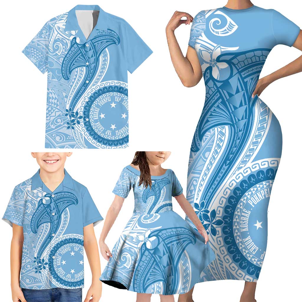 Micronesia FSM Family Matching Short Sleeve Bodycon Dress and Hawaiian Shirt Shark and Manta Classic Style