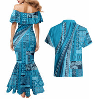 Pasifika Women's Day - Samoa Siapo Malu Tattoo Inspired Couples Matching Mermaid Dress and Hawaiian Shirt Turquoise